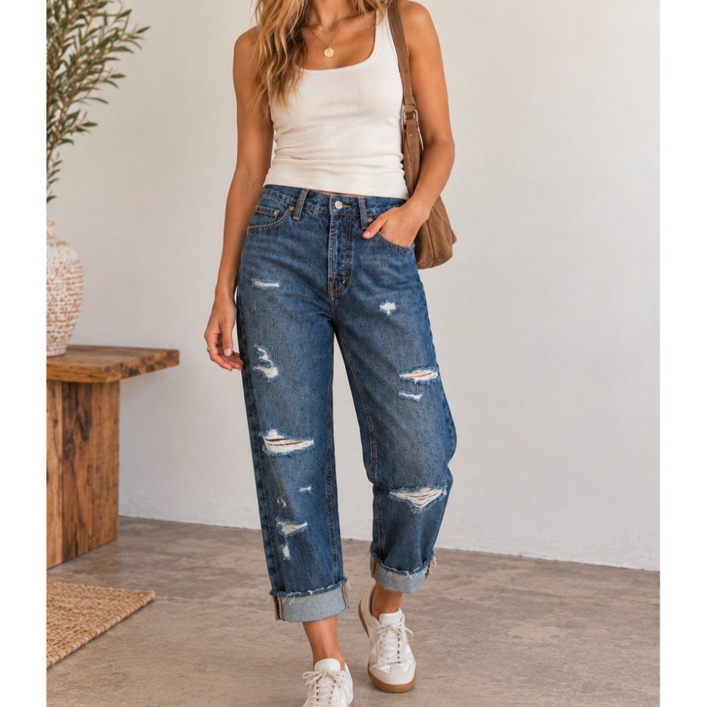 NWT Old Navy High-Rise Slouchy Straight Distressed Jeans Dark Wash size 4